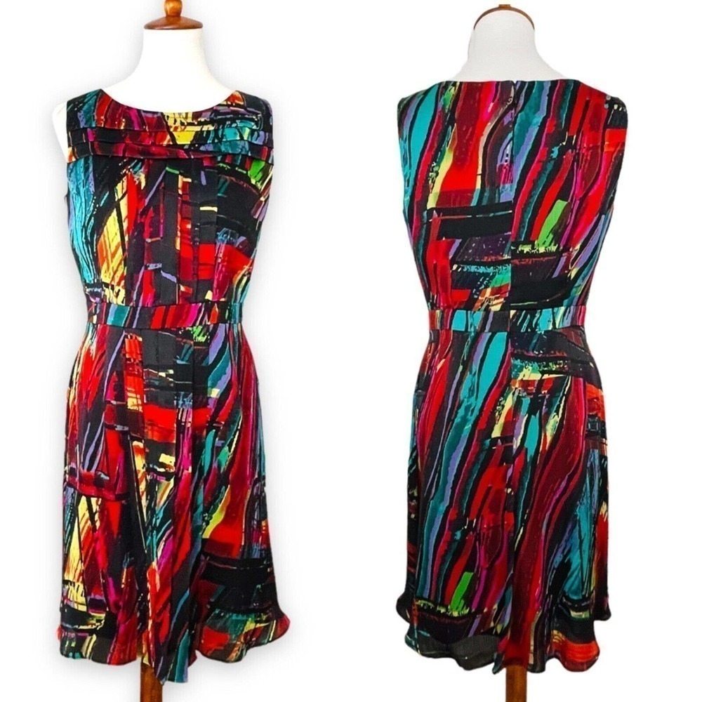 Ellen Tracy Multicolor Deep Tones Back Pleated Sheath Dress Size 8